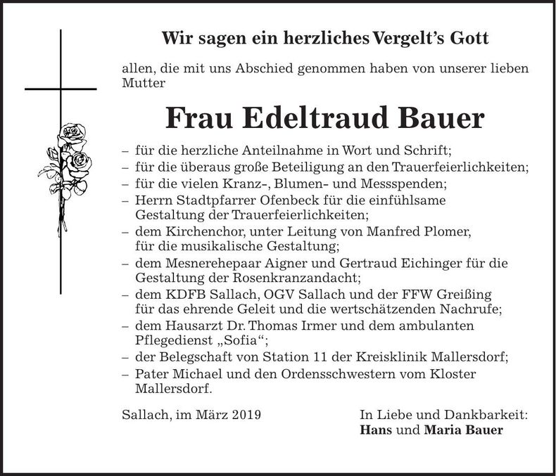 Traueranzeige Edeltraud Bauer