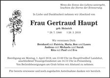 Traueranzeige Gertraud Haupt