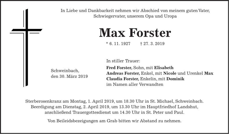 Traueranzeige Max Forster