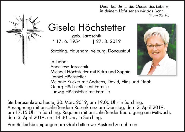 Traueranzeige Gisela Höchstetter