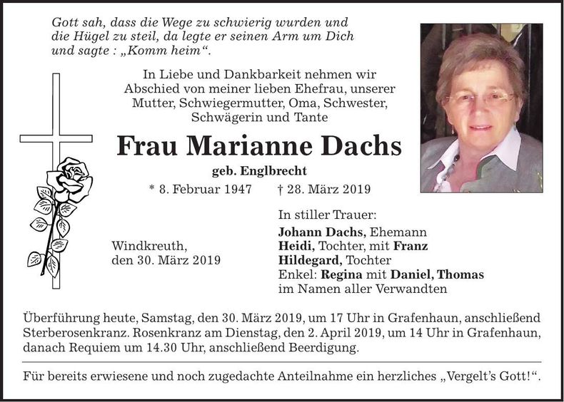 Traueranzeige Marianne Dachs