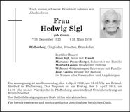 Traueranzeige Hedwig Sigl