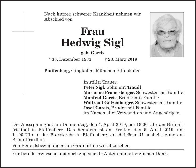 Traueranzeige Hedwig Sigl