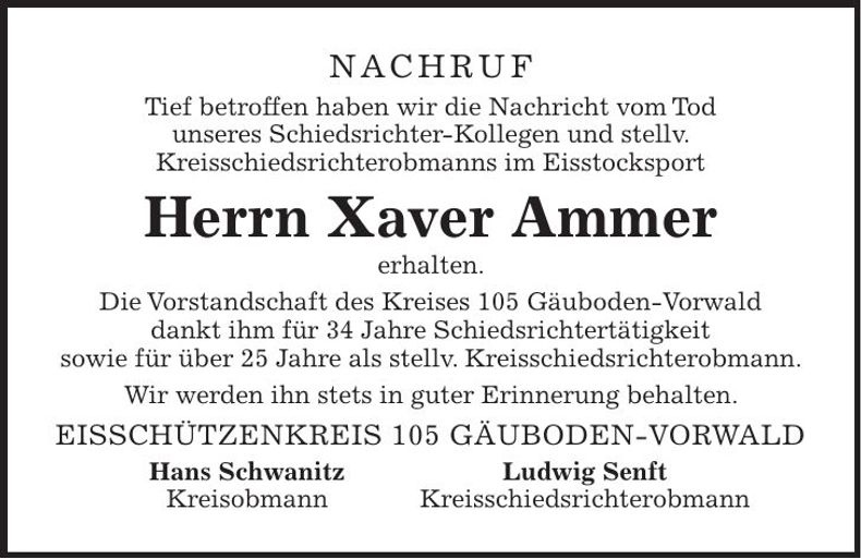 Traueranzeige Xaver Ammer