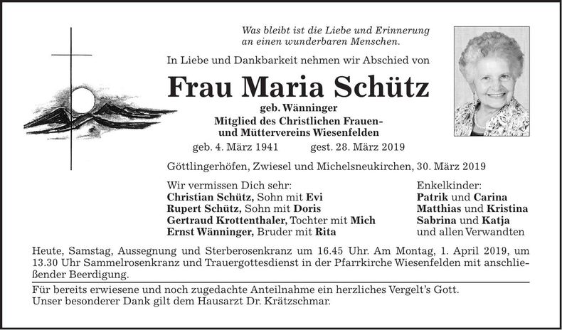 Traueranzeige Maria Schütz