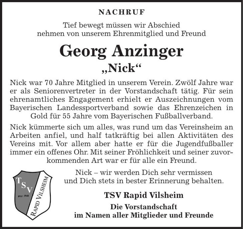 Traueranzeige Georg Anzinger