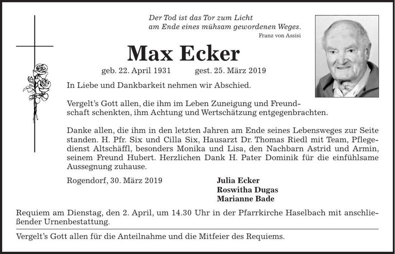 Traueranzeige Max Ecker