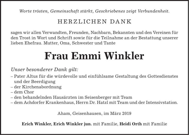 Traueranzeige Emmi Winkler