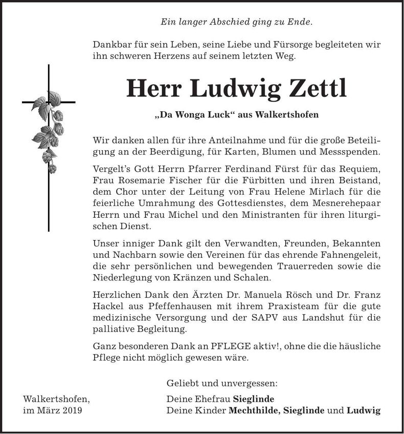 Traueranzeige Ludwig Zettl