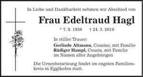 Traueranzeige Edeltraud Hagl
