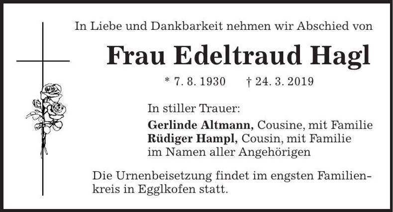 Traueranzeige Edeltraud Hagl