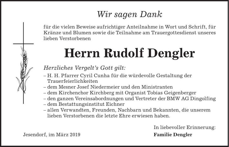 Traueranzeige Rudolf Dengler
