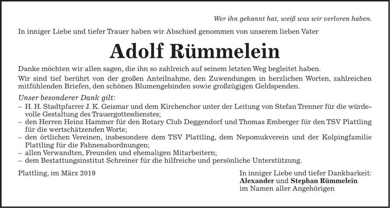 Traueranzeige Adolf Rümmelein