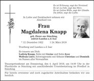 Traueranzeige Magdalena Knapp