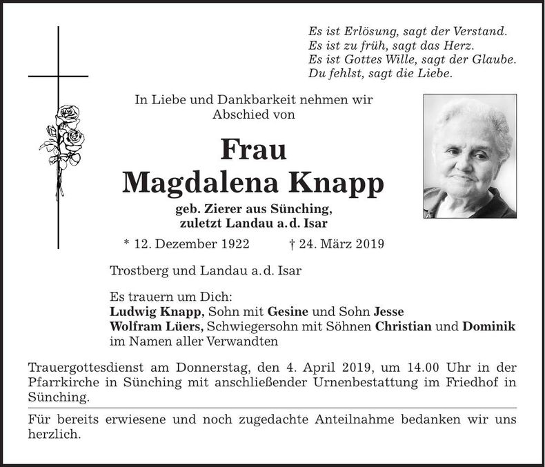 Traueranzeige Magdalena Knapp