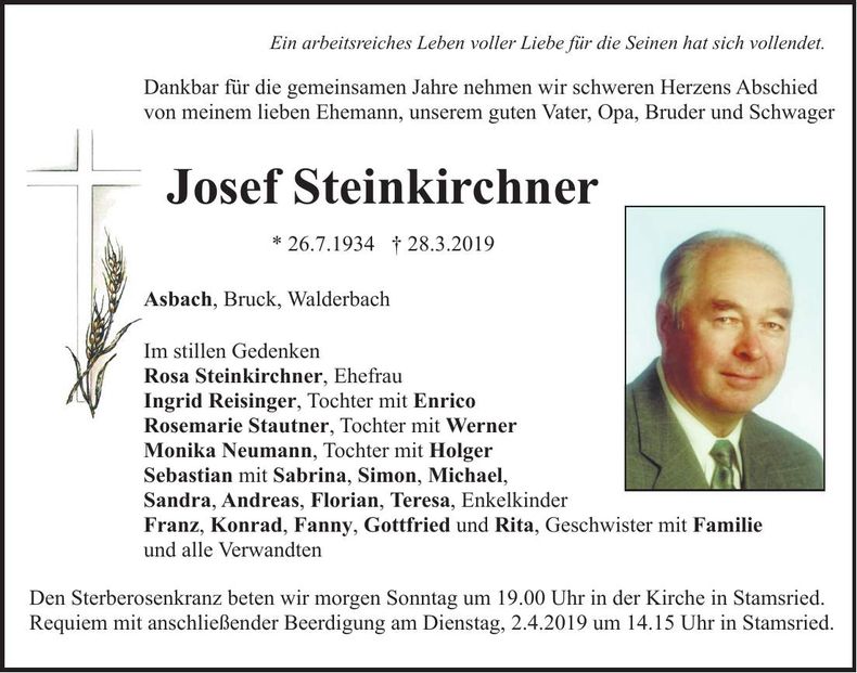 Traueranzeige Josef Steinkirchner
