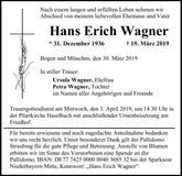 Traueranzeige Hans Erich Wagner