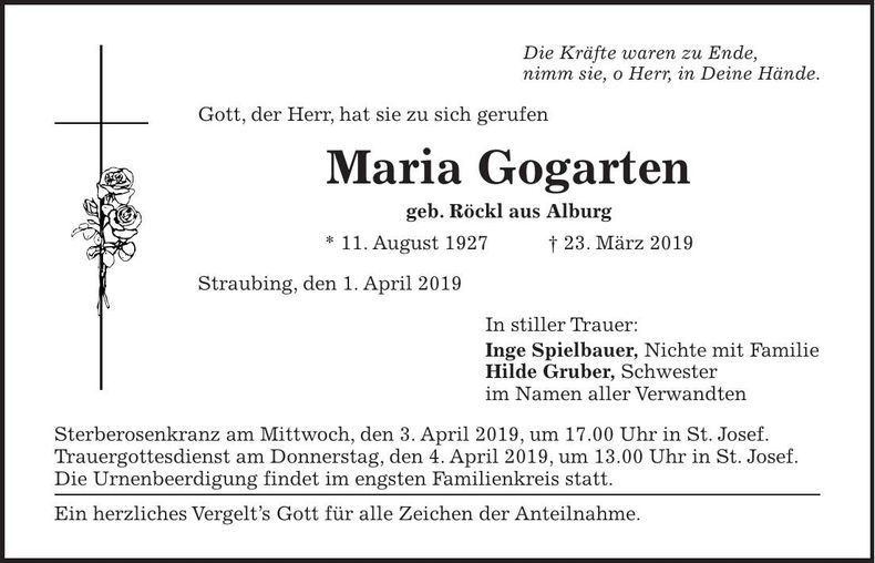 Traueranzeige Maria Gogarten