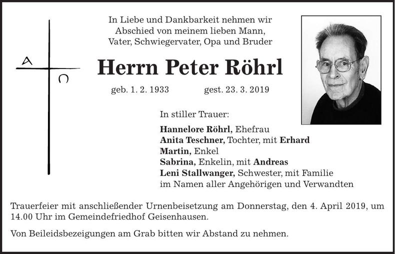 Traueranzeige Peter Röhrl