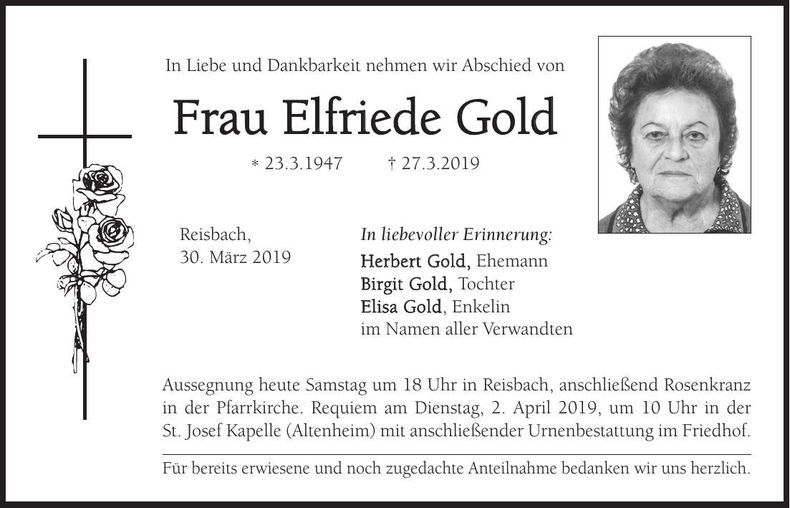Traueranzeige Elfriede Gold