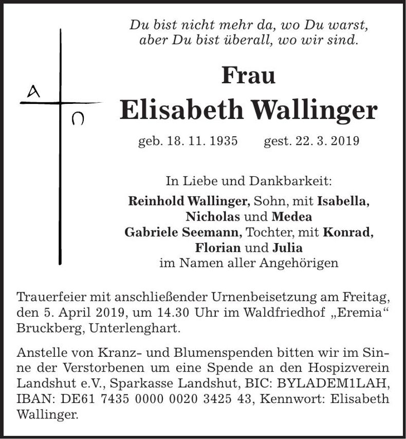 Traueranzeige Elisabeth Wallinger