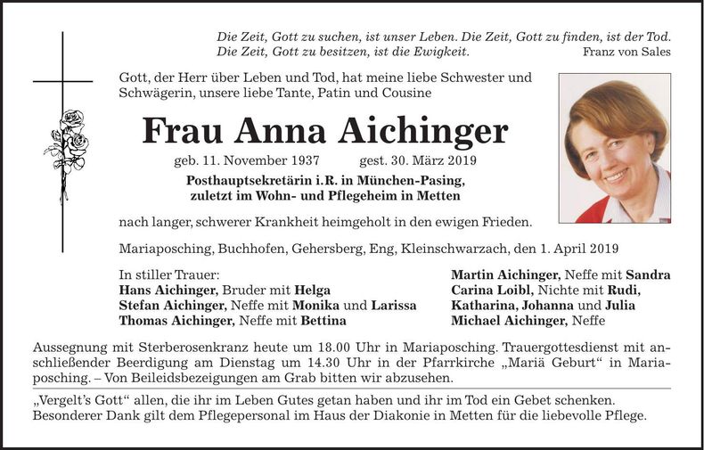 Traueranzeige Anna Aichinger