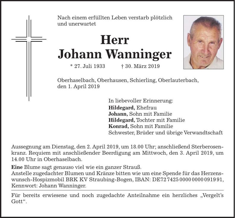 Traueranzeige Johann Wanninger