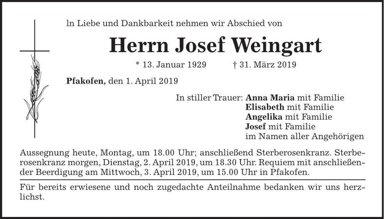 Traueranzeige Josef Weingart