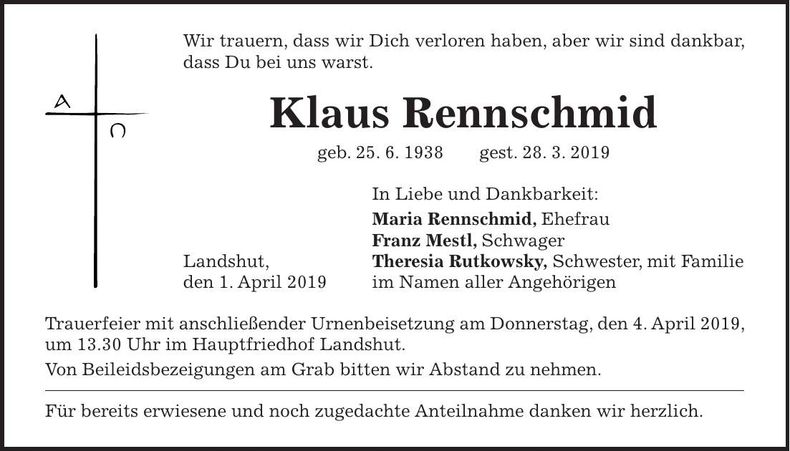Traueranzeige Klaus Rennschmid