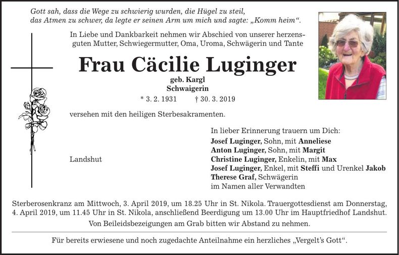 Traueranzeige Cäzilie Luginger