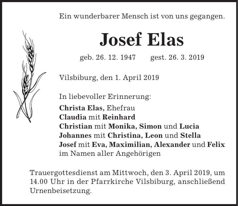 Traueranzeige Josef Elas
