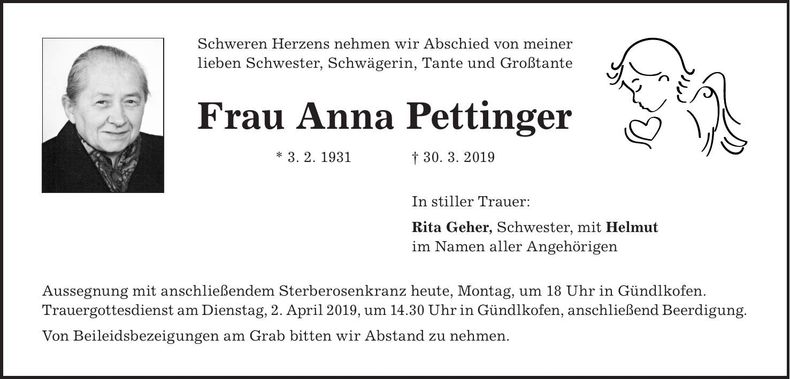 Traueranzeige Anna Pettinger