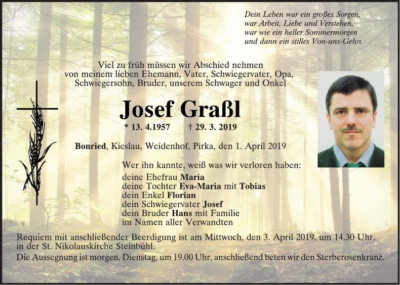 Traueranzeige Josef Graßl