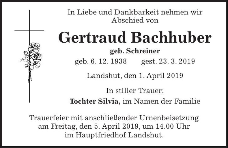 Traueranzeige Gertraud Bachhuber