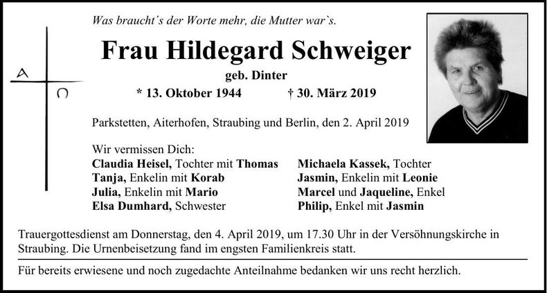Traueranzeige Hildegard Schweiger