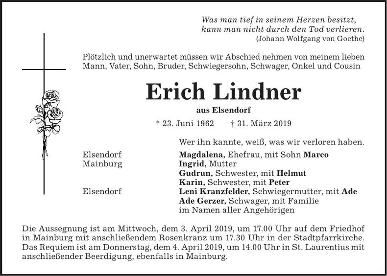 Traueranzeige Erich Lindner