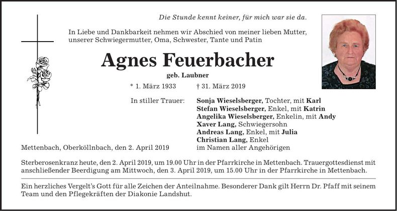 Traueranzeige Agnes Feuerbacher