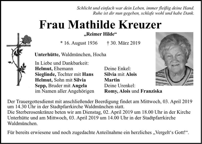 Traueranzeige Mathilda Kreuzer