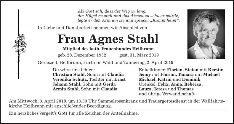 Traueranzeige Agnes Stahl
