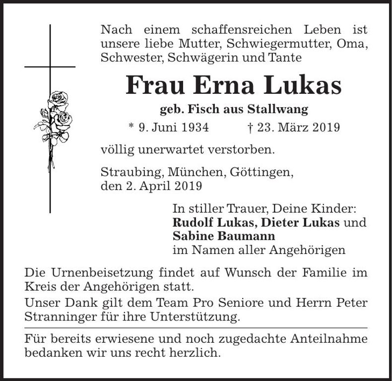 Traueranzeige Erna Lukas