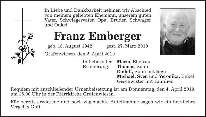 Traueranzeige Franz Emberger