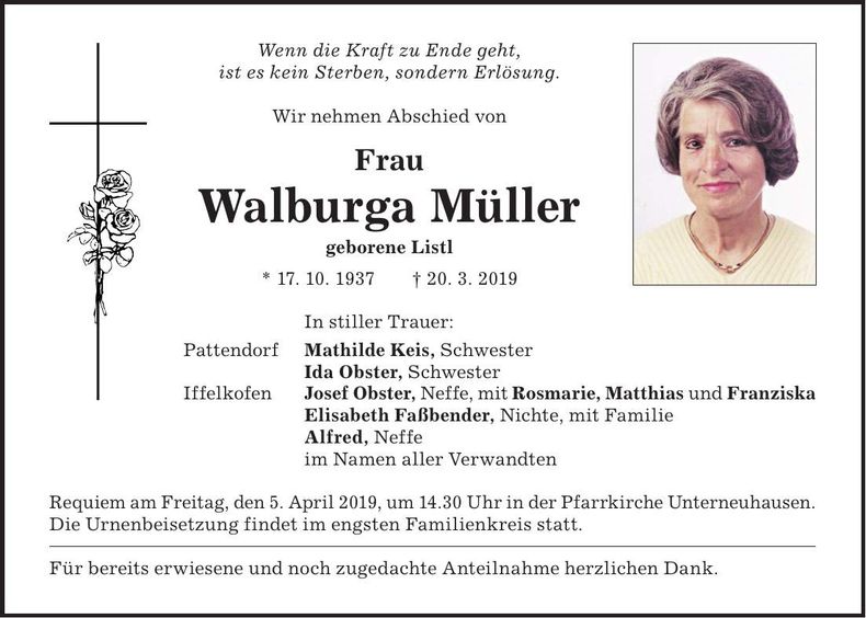 Traueranzeige Walburga Müller