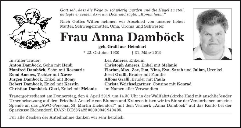 Traueranzeige Anna Damböck