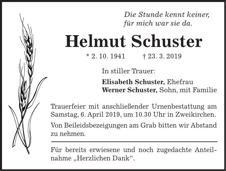 Traueranzeige Helmut Schuster