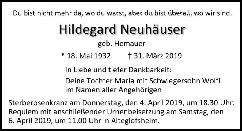Traueranzeige Hildegard Neuhäuser