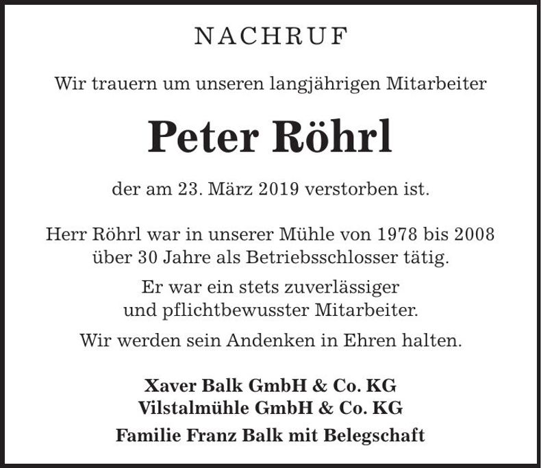 Traueranzeige Peter Röhrl