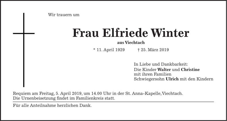 Traueranzeige Elfriede Winter