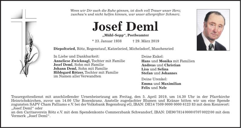 Traueranzeige Josef Deml