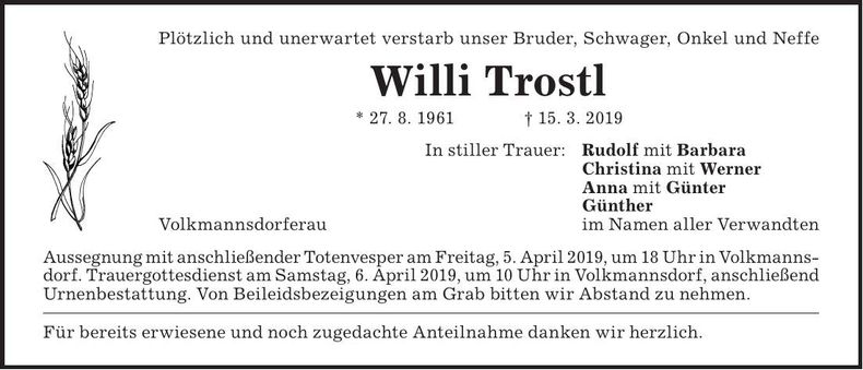 Traueranzeige Willi Trostl