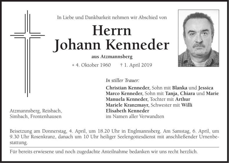 Traueranzeige Johann Kenneder